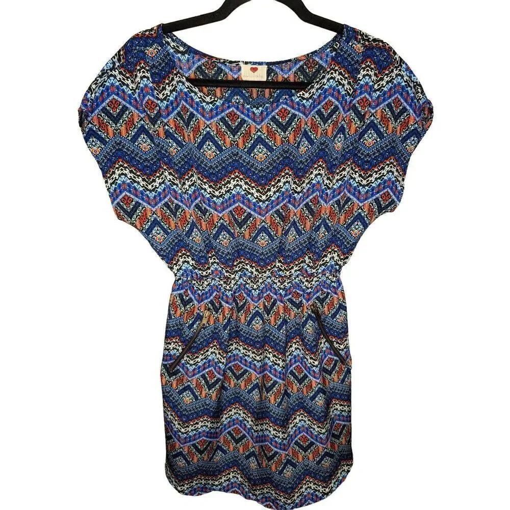 One Clothing Mini Dress Printed with Blue and Purple Tones with Striped Round Ne